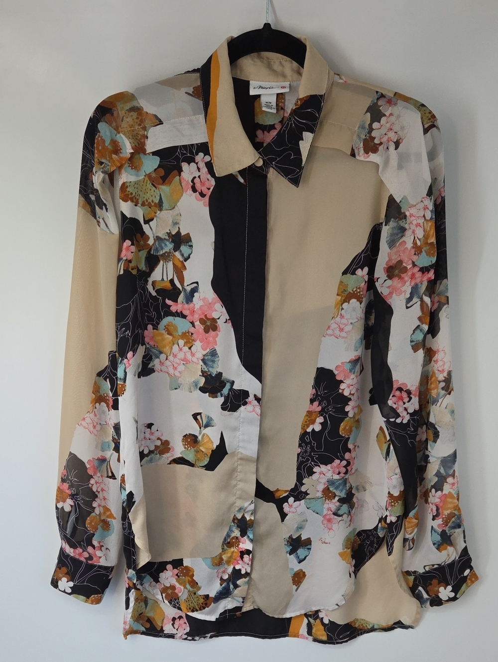 Phillip Lim 3.1 Floral Patchwork Silk-Blend ButtonUp Shirt Beige/Black/Pink Sz:M